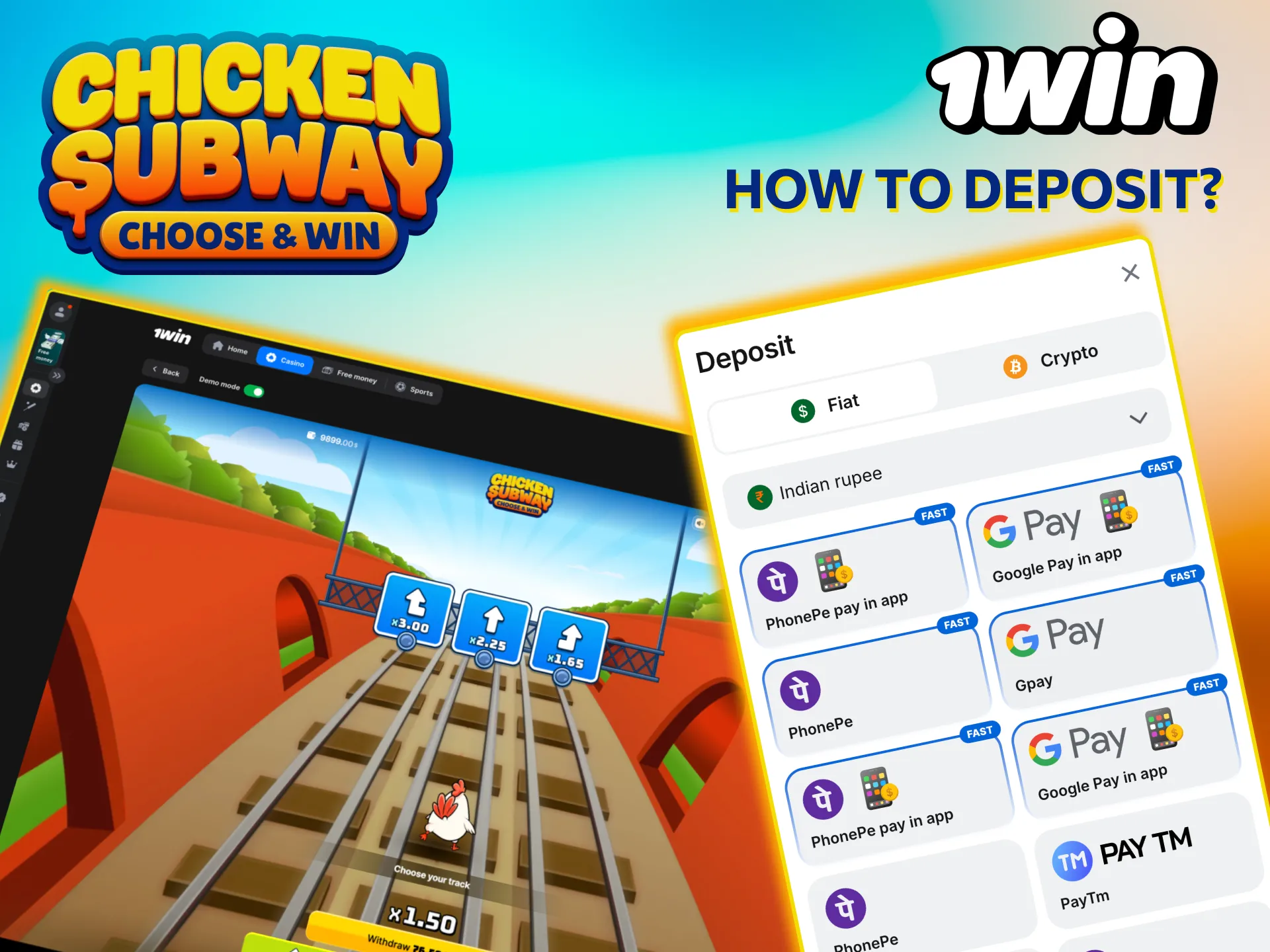 Deposit funds instantly to play Chicken Subway on 1win.