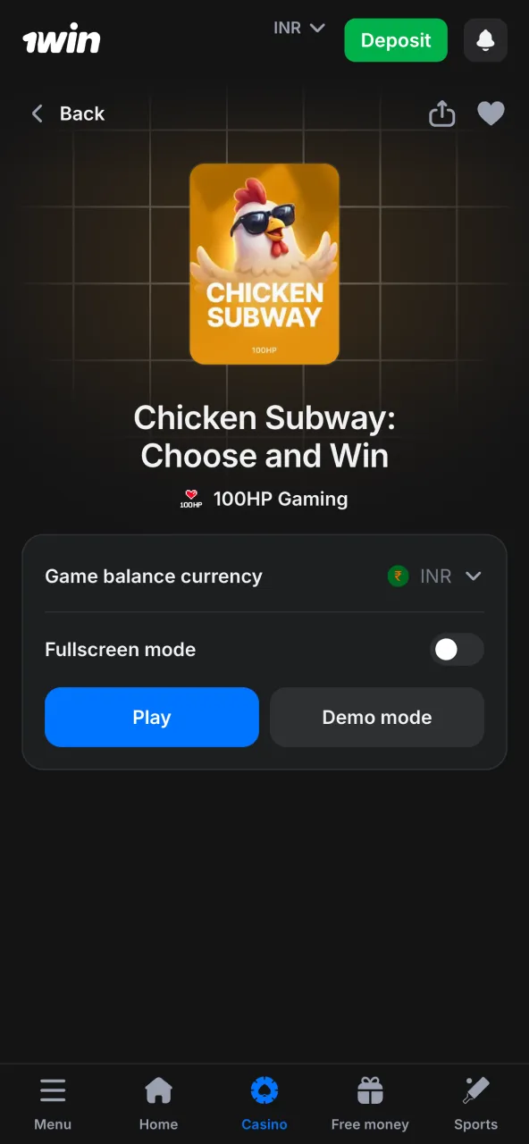 Launch Chicken Subway in 1win casino lobby.