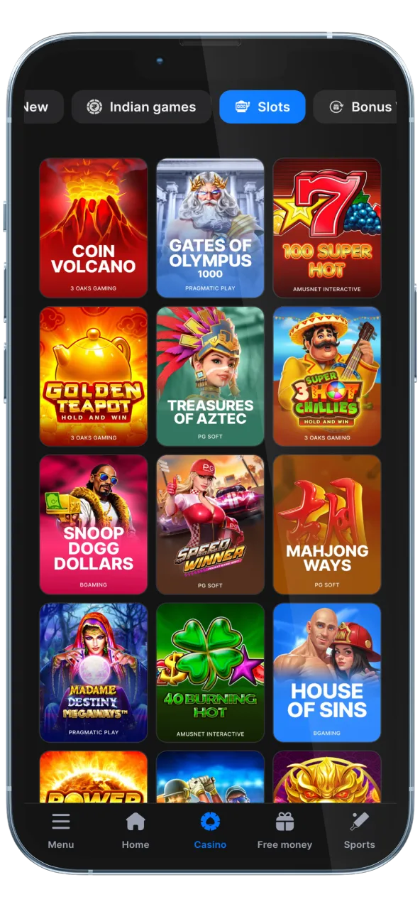 Browse slot machines on the 1win mobile app.