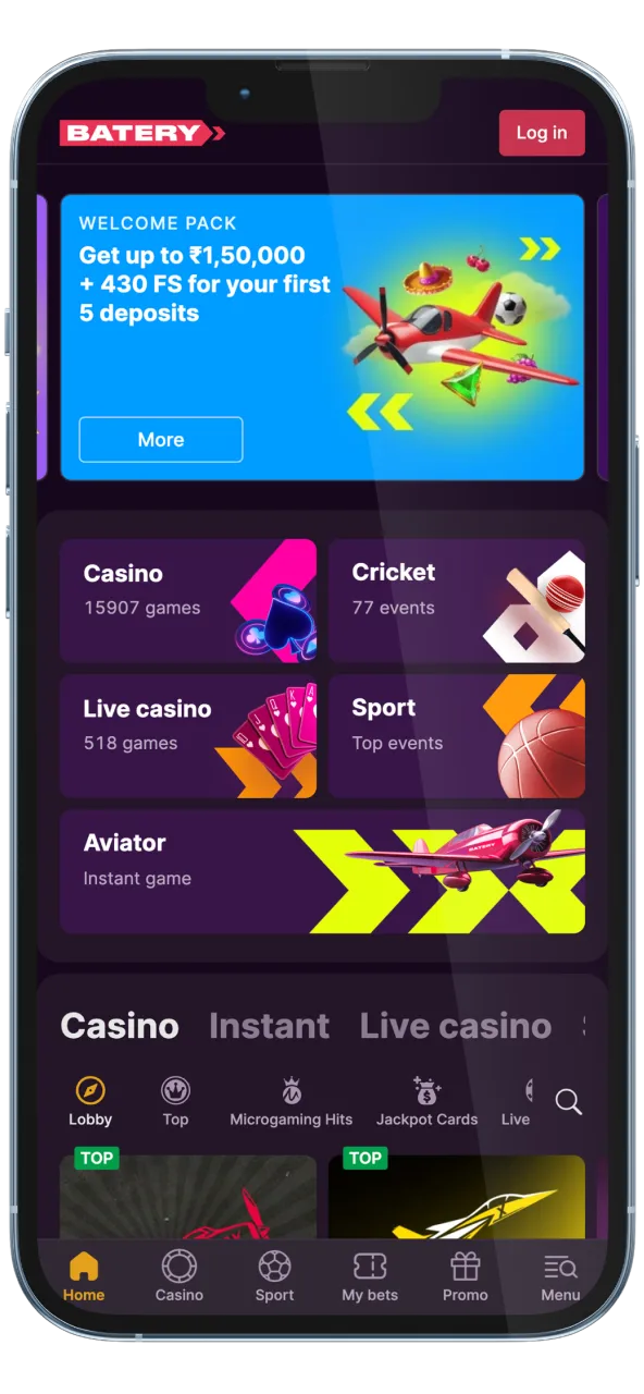 Batery app homepage with clean casino interface.