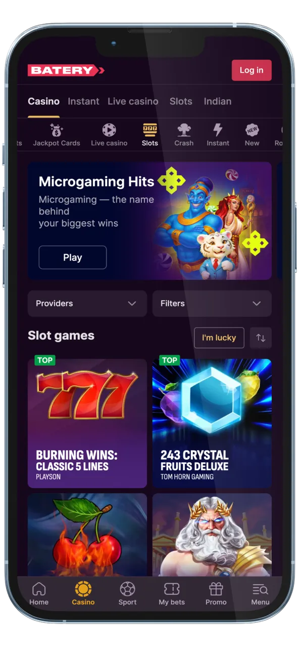 Batery app slots page with diverse casino games.