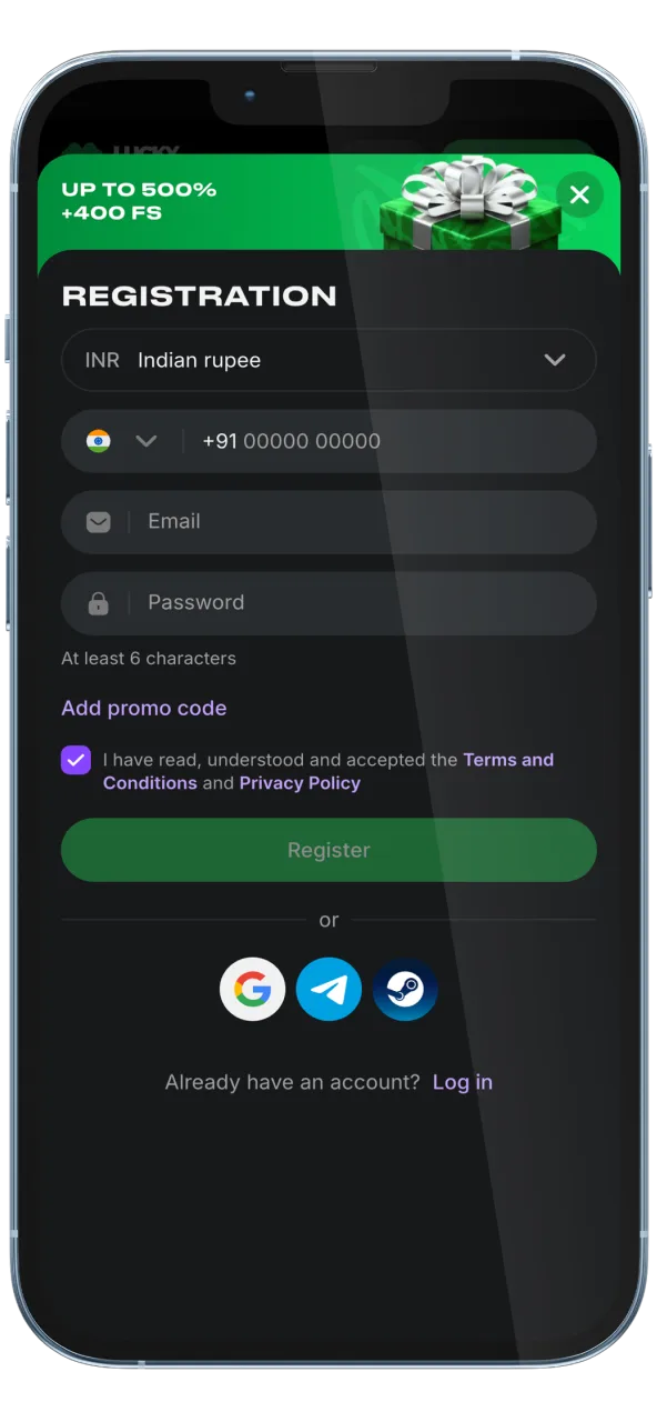 Create your Lucky Star account directly in the app.