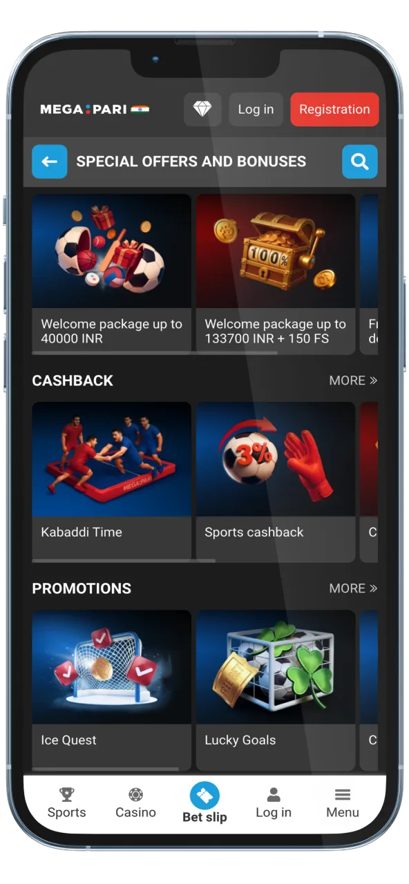 Megapari mobile app featuring daily promotions and rewards.