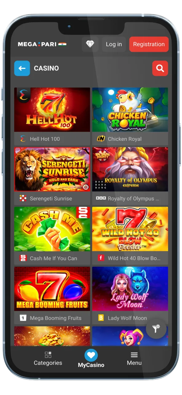 Megapari slots library available in mobile app.