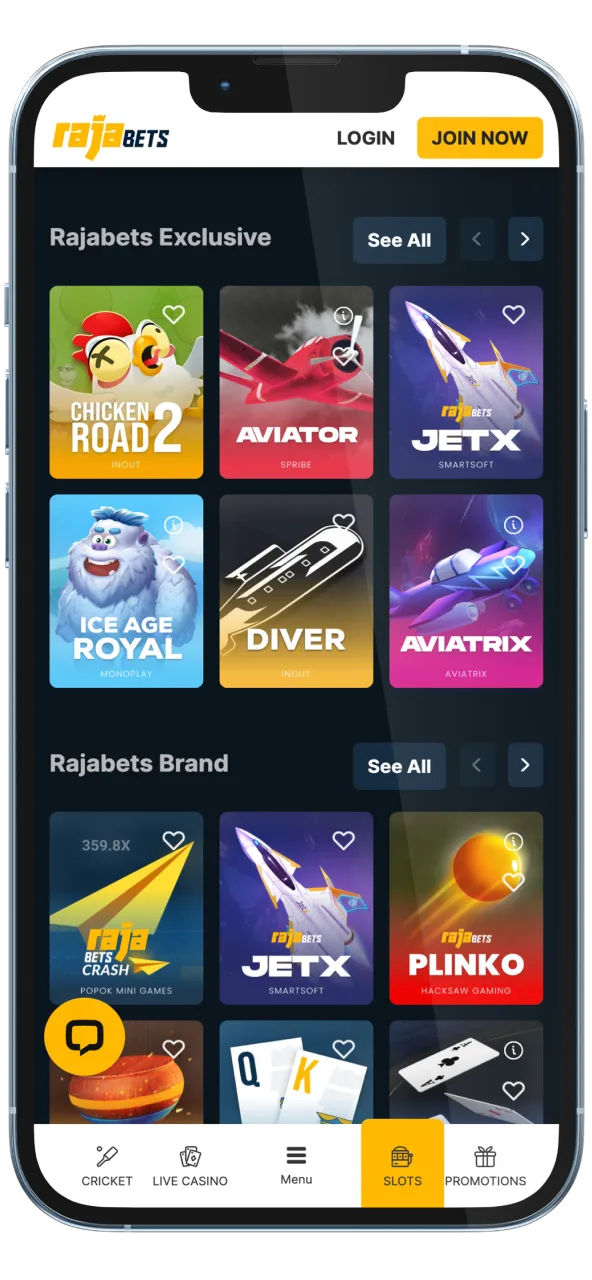 Play slots instantly via Rajabets app homepage.