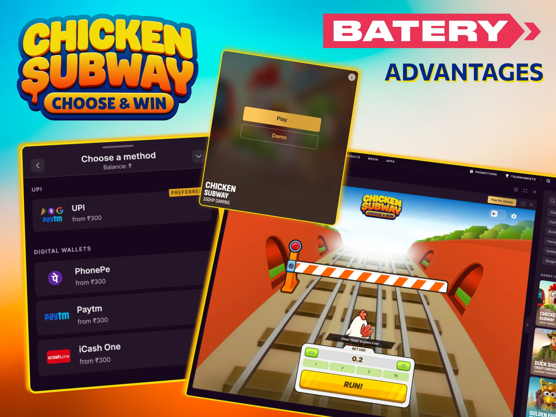 Batery Chicken Subway includes demo mode for free practice.