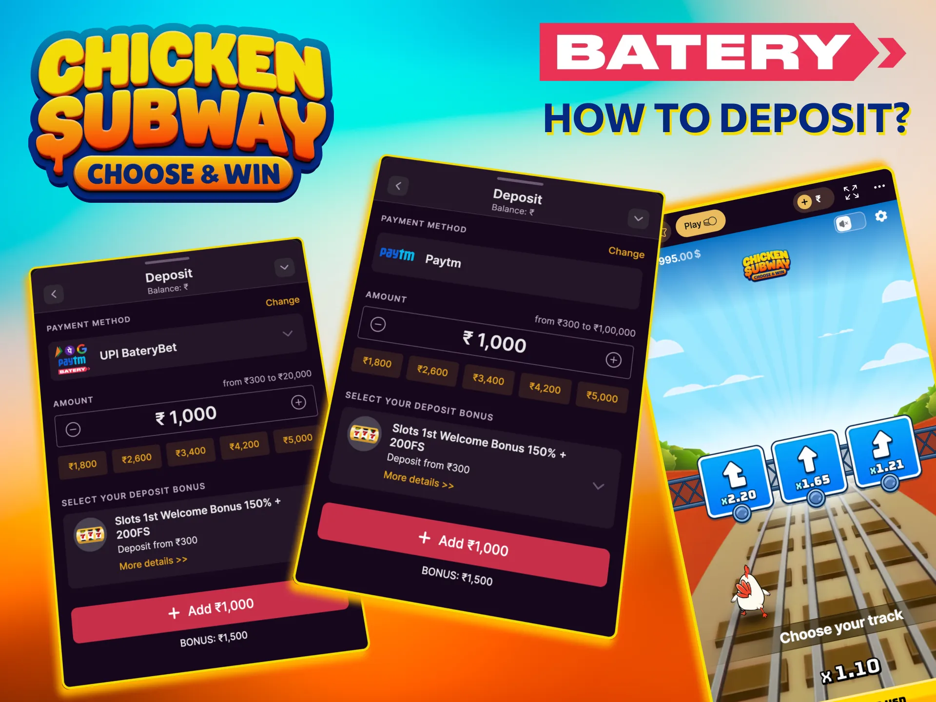 Add money via UPI or Paytm for Batery Chicken Subway.