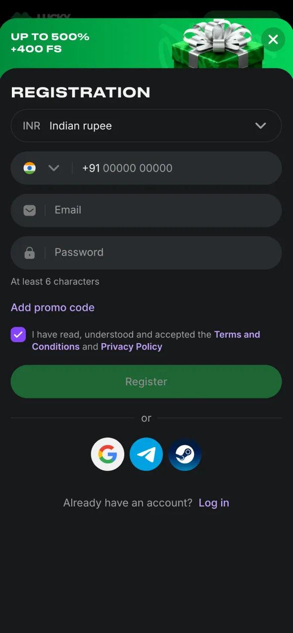 Register on Lucky Star by completing all required fields.