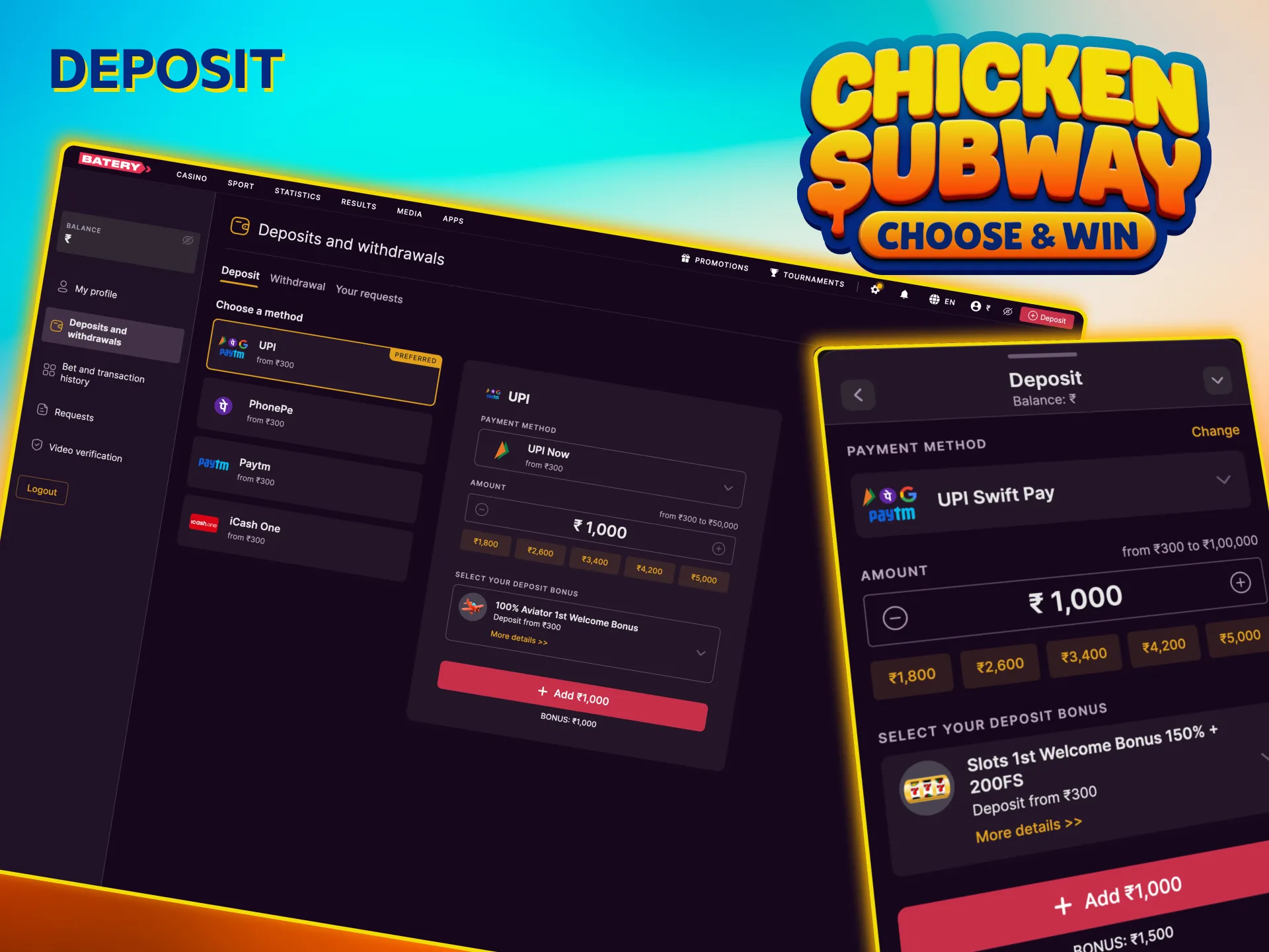 Deposit rupees to play Chicken Subway.