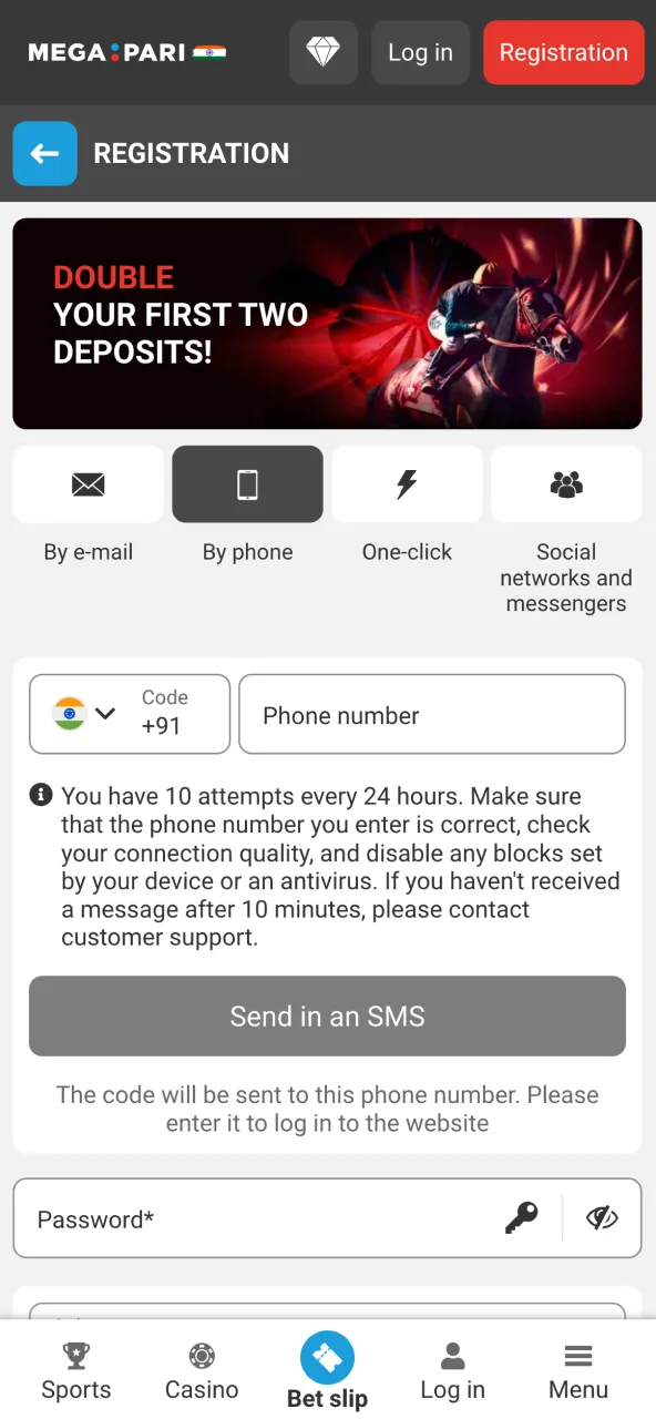 Megapari registration form requires mobile, email, and password.