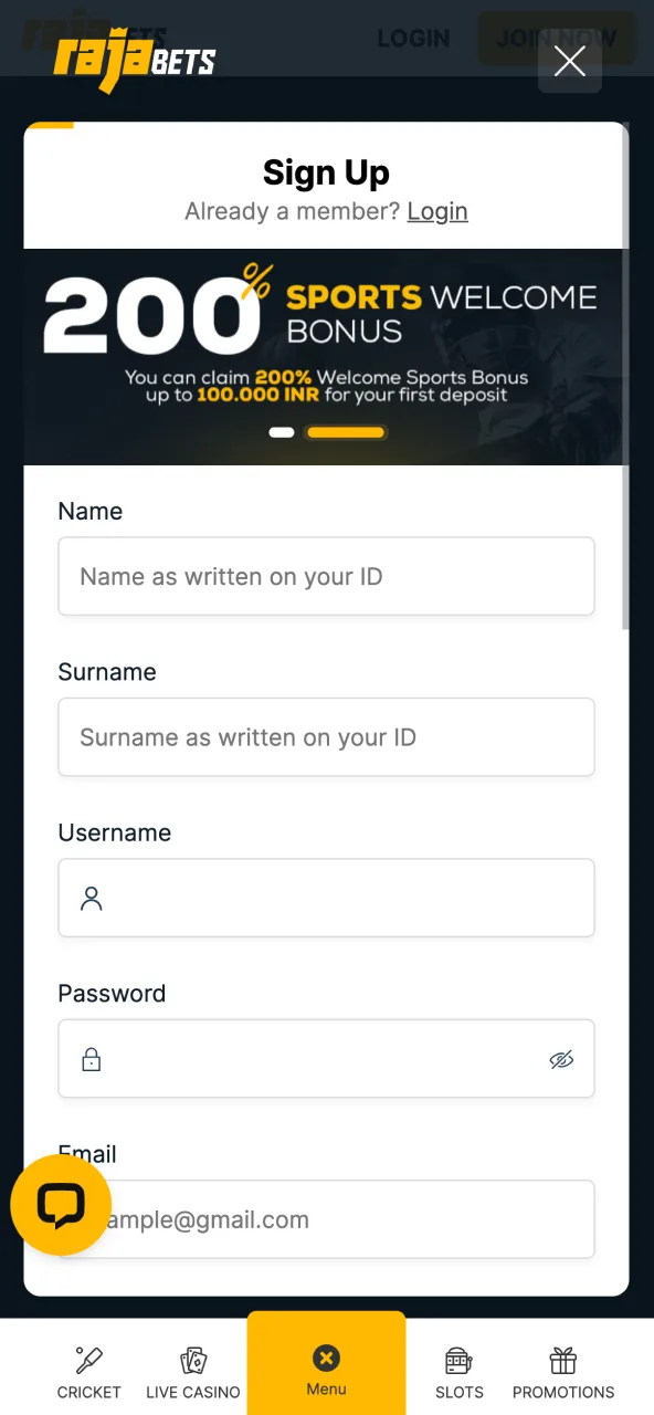 Rajabets signup process includes mobile number and email entry.
